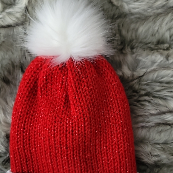Red and White Knit Beanie with Pom Pom - Picture 3 of 8